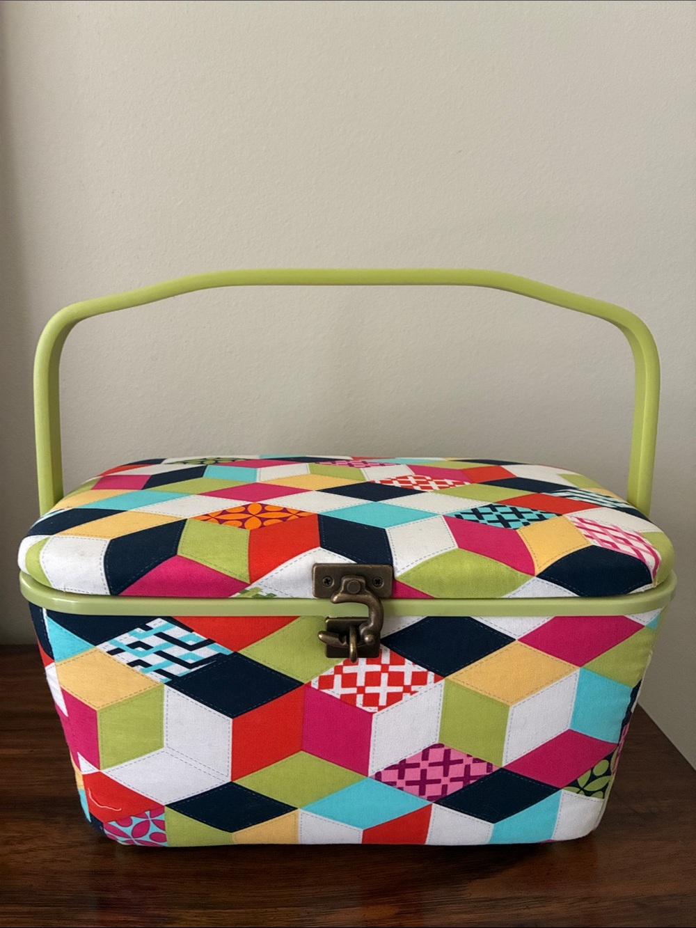 Vintage Style Multi-Color Geometric Fabric Sewing Basket W/Tray Pincushion